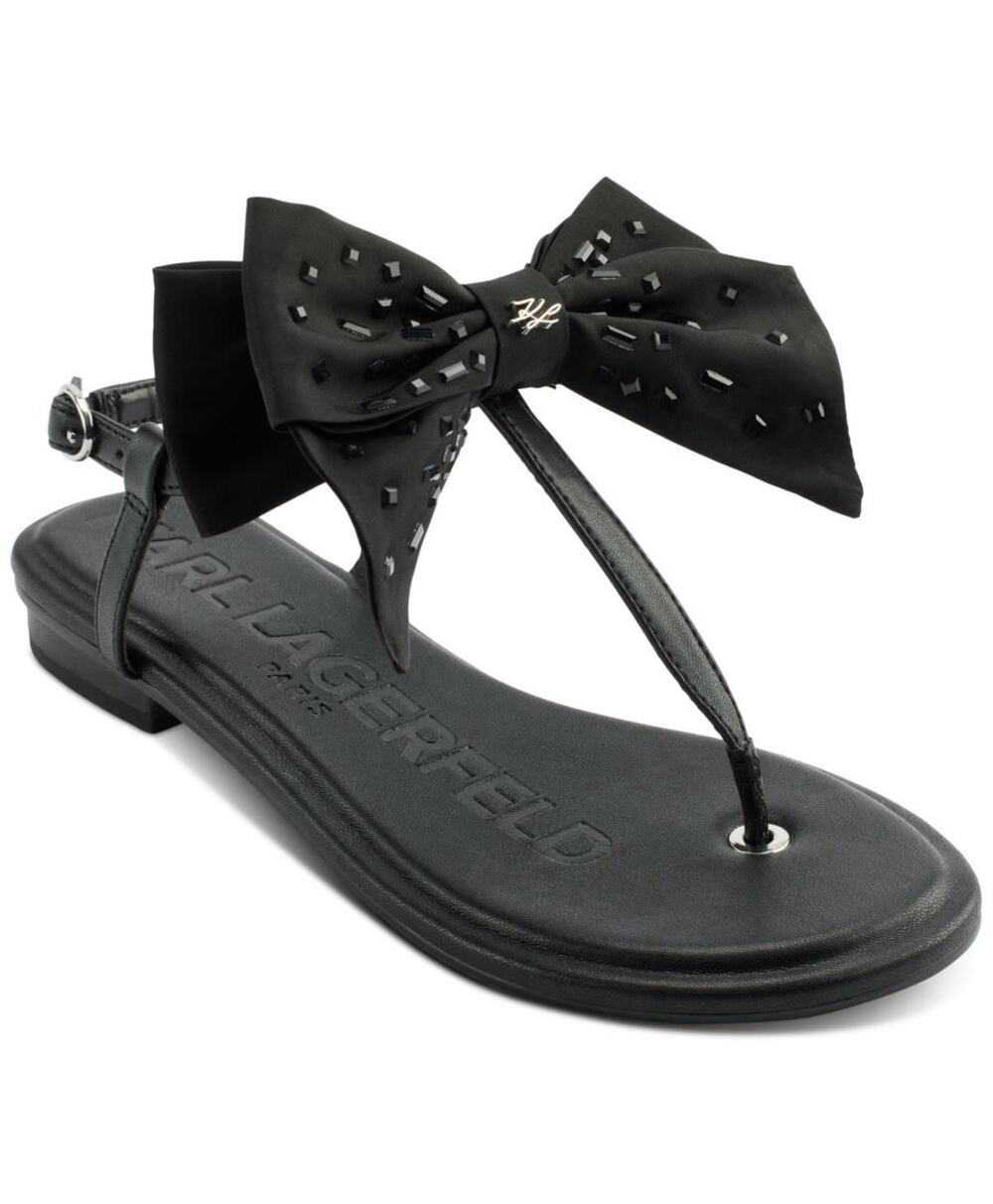 Karl Lagerfeld Paris Cristi Bow Flat Thong Sandals Black Bow Womenโs US 6.5 New